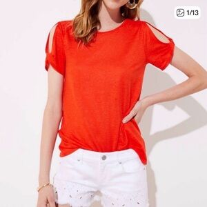 LOFT LINEN Top Women's XS Twist Detail Vented Sleeve Orange Linen